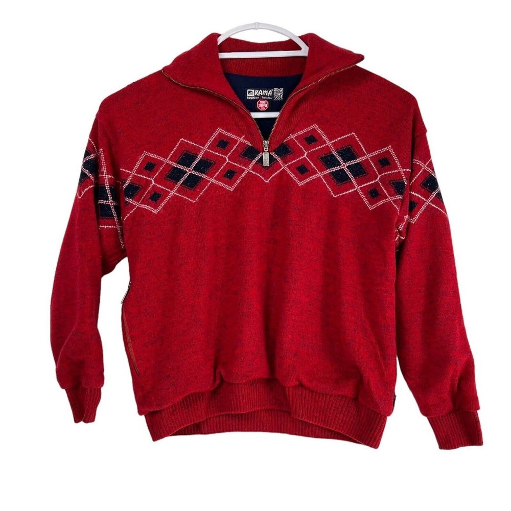 Kama Wind Stopper Heavy Lined Red Argyle Sweater Zip Pocket Wool Silk Size XL